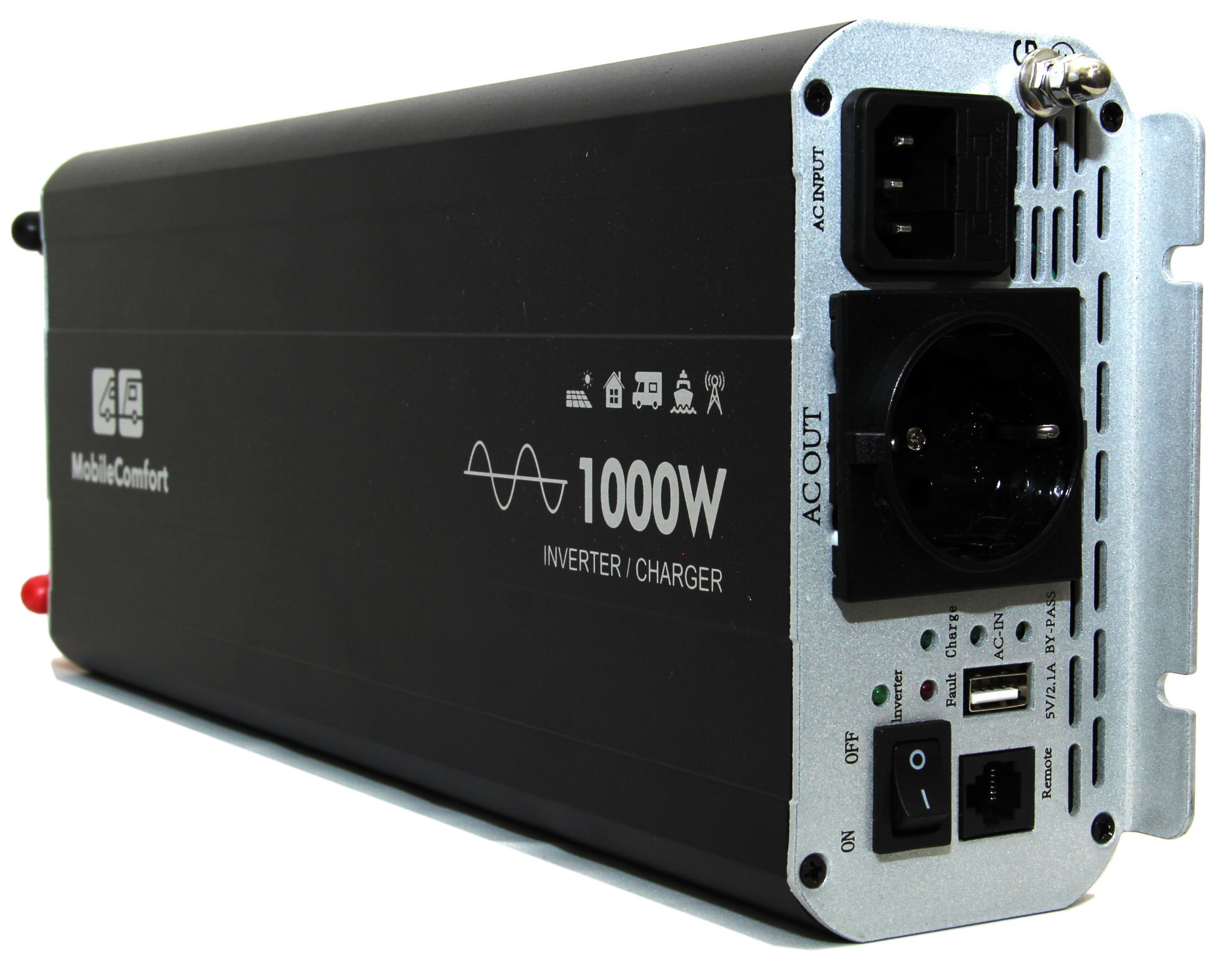 Инвертор MobileComfort S1024-BC, 1000Вт, 24В, чистый синус, розетка 230V, встроенное зарядное устройство 5А, схема приоритетов 230V, функция бесперебойника, USB выход, в комплекте настенная панель управления