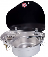 Camper-Marine GR-600R Варочная поверхность газовая встраиваемая  одноконфорочная из нержавеющей стали с круглой раковиной со стеклянной крышкой и пьезоподжигом, правая.