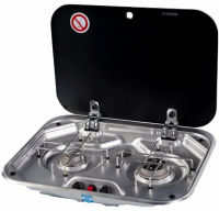 Camper-Marine  GR-587 Плита встраиваемая газовая  двухконфорочная из нержавеющей стали со стеклянной крышкой и пьезоподжигом.