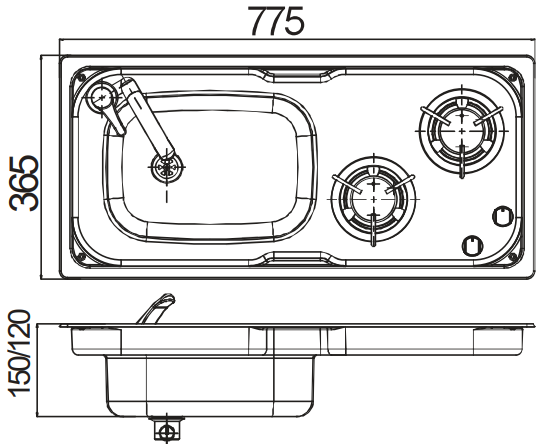 Camper-Marine GR-904L Варочная поверхность газовая двухконфорочная с раковиной, нержавеющая сталь со стеклянной крышкой и пьезоподжигом, левая.