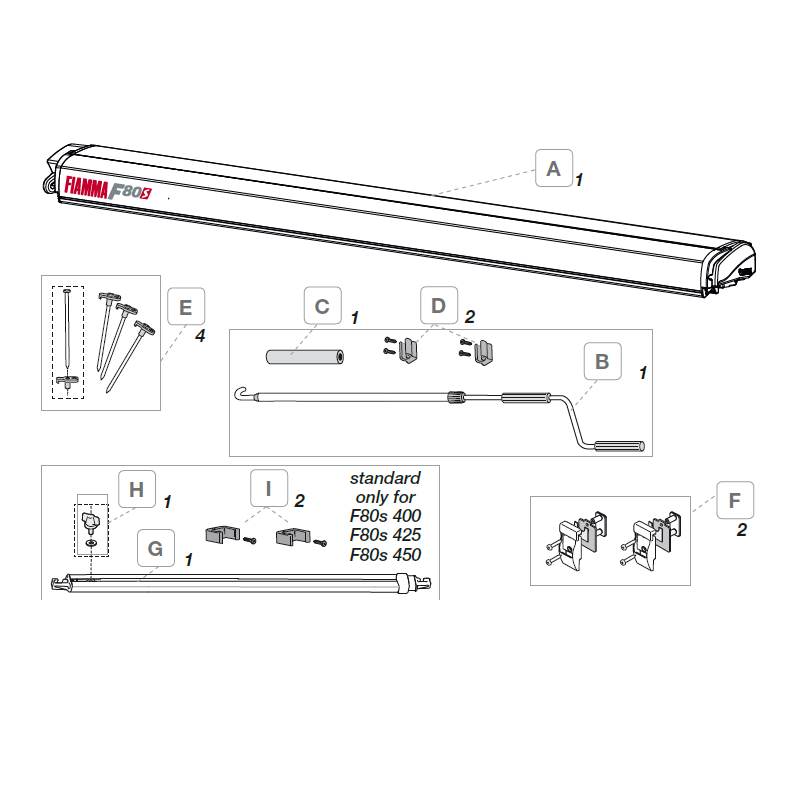 Fiamma F80S, 4.25м Маркиза накрышная корпус белый, полотно серое