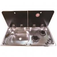 Camper-Marine GR-904L Варочная поверхность газовая двухконфорочная с раковиной, нержавеющая сталь со стеклянной крышкой и пьезоподжигом, левая.