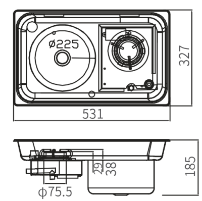 Camper-Marine GR-902S Варочная поверхность газовая одноконфорочная с круглой раковиной, нержавеющая сталь со стеклянной крышкой и пьезоподжигом, левая.