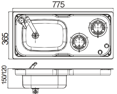 Camper-Marine GR-904R Варочная поверхность газовая двухконфорочная с раковиной, нержавеющая сталь со стеклянной крышкой и пьезоподжигом, правая.