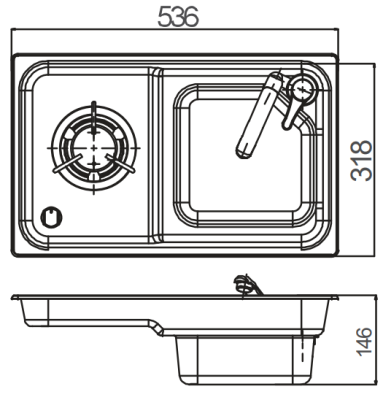 Camper-Marine GR-903R Варочная поверхность газовая одноконфорочная с раковиной, нержавеющая сталь со стеклянной крышкой и пьезоподжигом, правая.